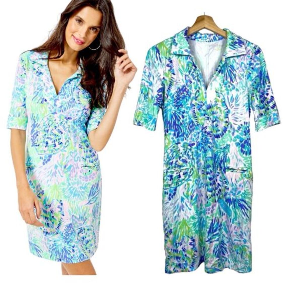 Lilly Pulitzer Women UPF 50 Shift Dress Sz XS Floral Blue Green Pink Resort